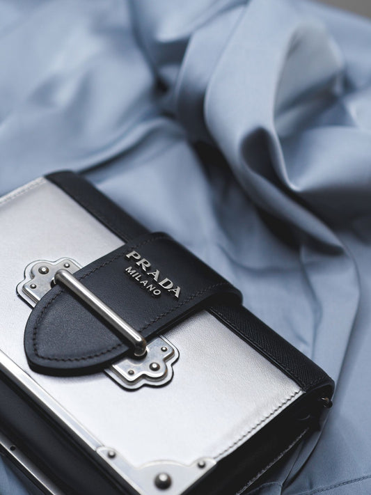 Pre-Owned Prada Cahier Shoulder Bag — Silver & Black, Chain Strap