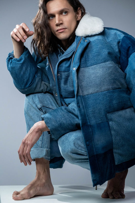 Vintage Patchwork Denim Puffer Jacket — Sherpa Collar, Oversized