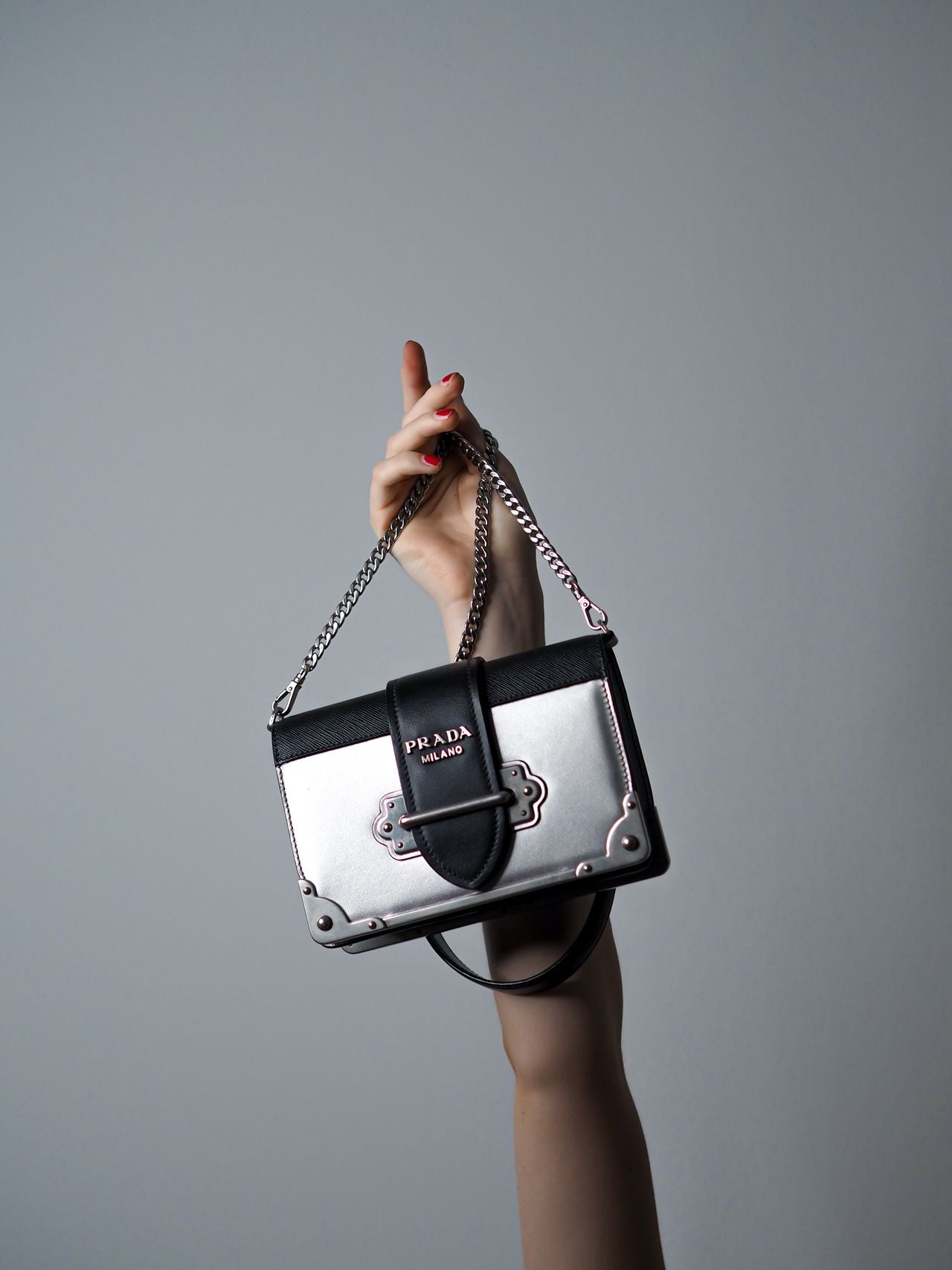 Pre-Owned Prada Cahier Shoulder Bag — Silver & Black, Chain Strap