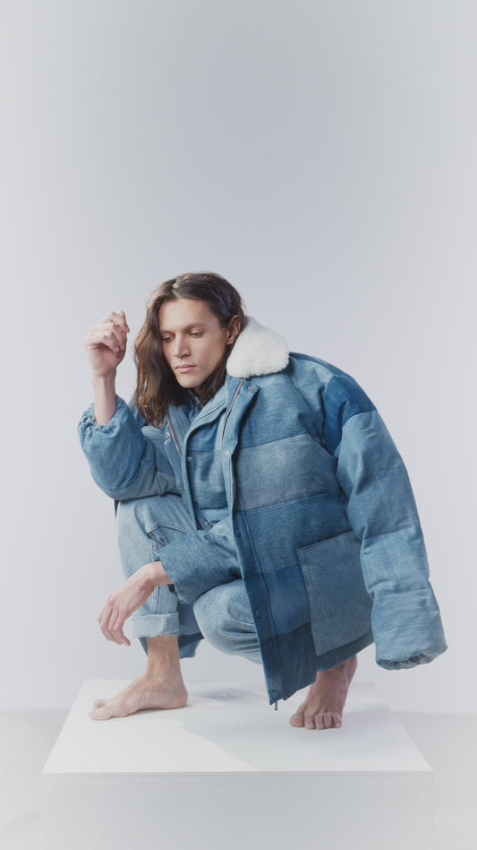 Vintage Patchwork Denim Puffer Jacket — Sherpa Collar, Oversized